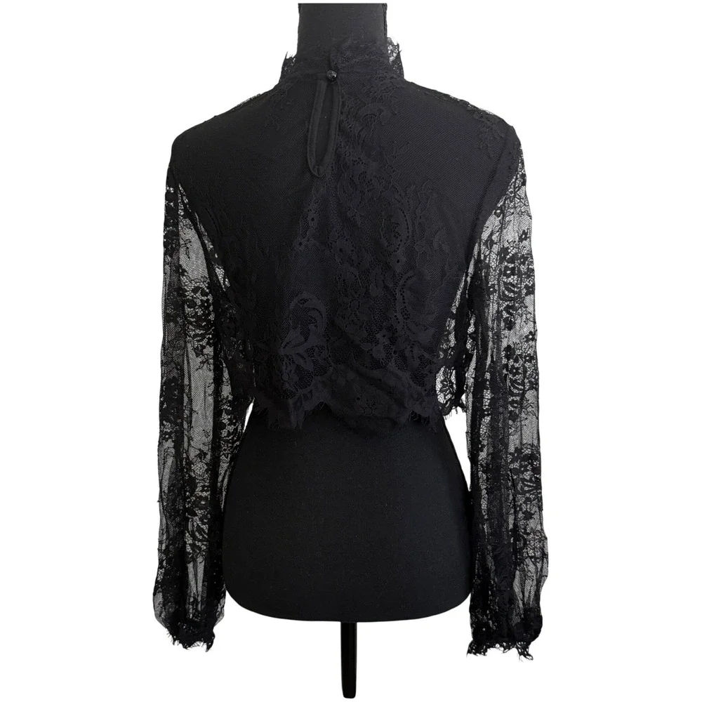 SHEIN Black Floral Lace Mock Neck Crop Top Sheer Long Sleeve Eyelash Trim Small